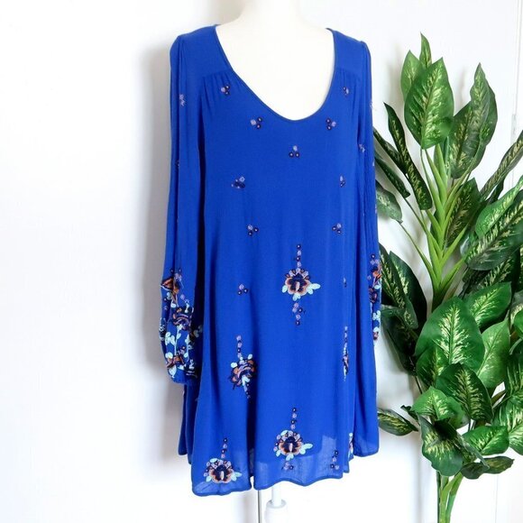 Free People Oxford Embroidered Blue Long Sleeve Cutout Back Mini Shift Dress M - Picture 8 of 16